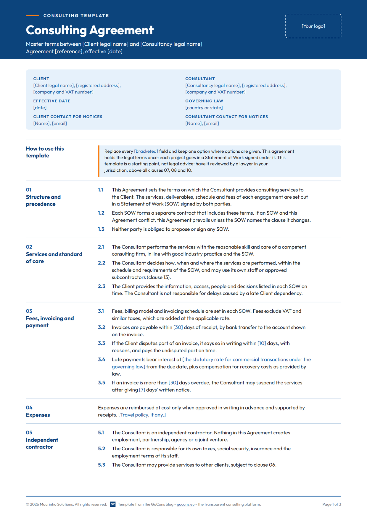 Pagina 1 van het gratis model voor een consultancyovereenkomst, met partijen, structuur en voorrang, zorgvuldigheidsnorm, betalingstermijnen en bepalingen over zelfstandige opdrachtnemers